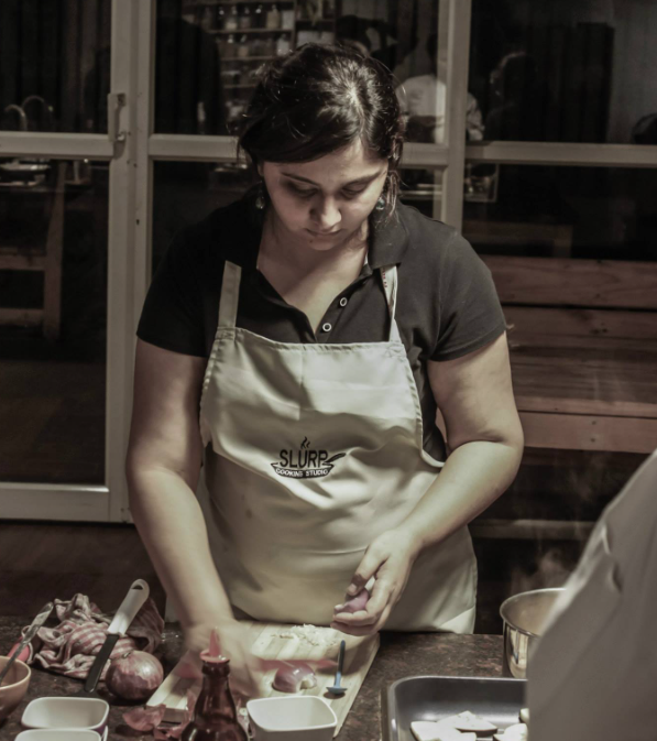 Amruta Ranade cooking at the studio