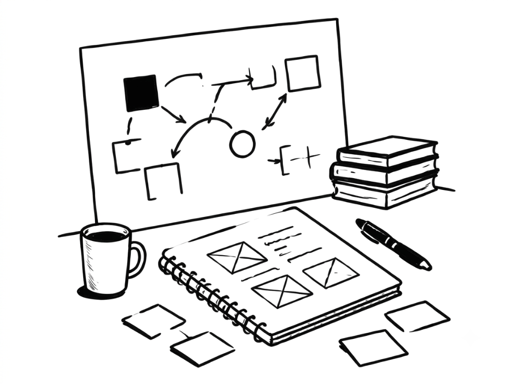 Design and experience strategy workflow, wireframes and roadmap diagram
